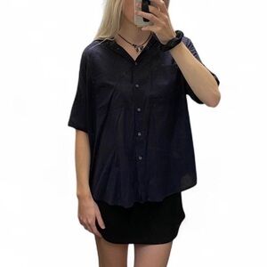 Madewell Navy Textured Short Sleeve Button Up Top